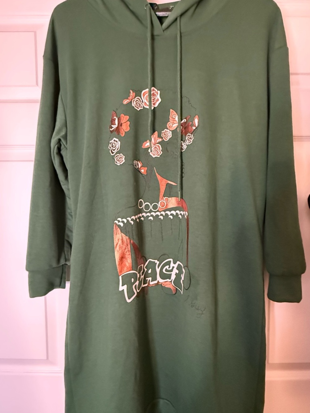 Ashley Stewart Olive Green Floral Graphic Maxi Hoodie Dress